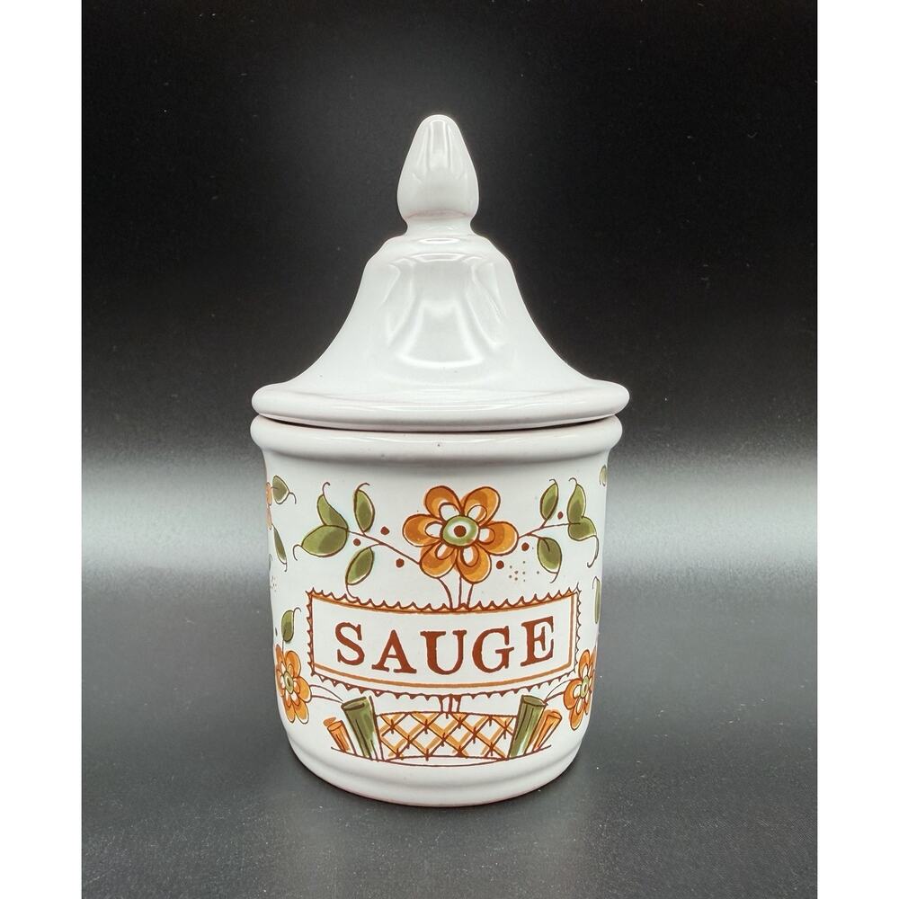 Moustiers Faience SAUGE Ceramic Lidded Spice Jar Apothecary Canister 5” France